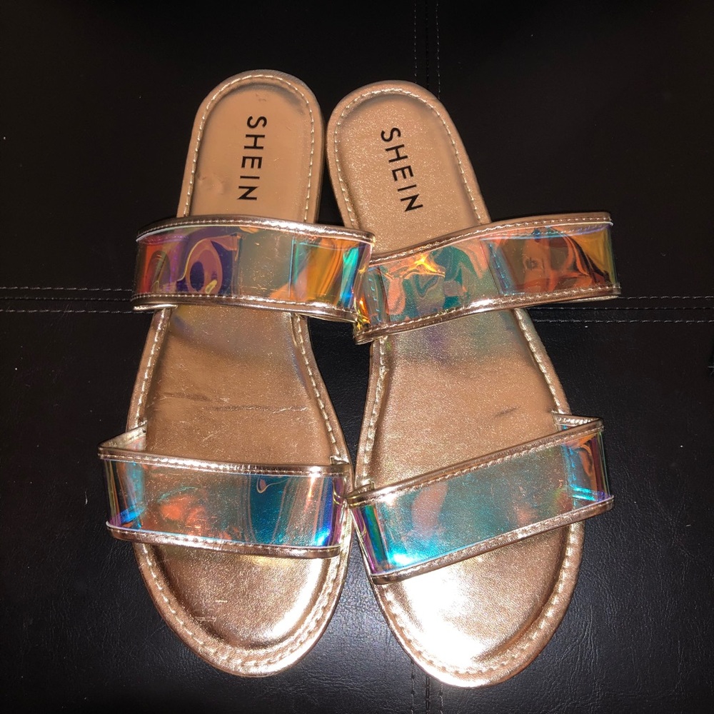 Metallic iridescent double bands slide sandals